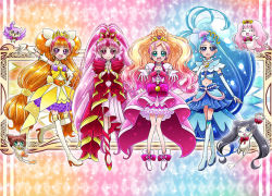 4girls :d akagi_towa amanogawa_kirara aroma_(go!_princess_precure) blue_hair boots bow cokata cure_flora cure_mermaid cure_scarlet cure_twinkle earrings gloves go!_princess_precure hand_on_own_hip haruno_haruka interlocked_fingers jewelry kaidou_minami kuroro_(go!_princess_precure) long_hair looking_at_viewer magical_girl midriff miss_siamour multicolored_hair multiple_girls navel open_mouth orange_hair outstretched_arms pink_eyes pink_hair precure puff_(go!_princess_precure) purple_eyes skirt smile tiara twintails very_long_hair waist_bow wand wavy_hair