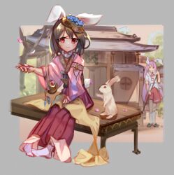 2girls alternate_costume animal_ears architecture bench blue_flower blue_sash broom brown_hair closed_mouth commentary crown east_asian_architecture english_commentary falling_petals flat_chest flower full_body highres holding holding_broom inaba_tewi japanese_clothes kimono long_hair looking_at_viewer multiple_girls obi pagoda petals pink_kimono pink_skirt purple_hair rabbit rabbit_ears rabbit_girl rabbit_tail red_eyes reisen_udongein_inaba sash shirt short_hair sitting skirt smile socks solo_focus standing sweeping tabi tail tlobtr touhou very_long_hair white_shirt white_socks wide_sleeves