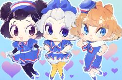 3girls animification blue_dress blue_eyes blue_sailor_collar brown_hair chibi clarice_(disney) daisy_duck disneyland dress eyelashes full_body humanization looking_at_viewer mickey_mouse_&amp;_friends minnie_mouse multiple_girls open_mouth personification rl10_02 sailor_collar sailor_dress short_hair smile