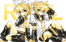1boy 1girl 2000s_(style) blonde_hair blue_eyes brother_and_sister detached_sleeves hair_ornament hairclip highres hynn0x_x kagamine_len kagamine_rin leg_warmers necktie sailor_collar shoes shorts siblings sitting twins vocaloid yellow_necktie