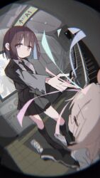 Rule 34 | 2girls, 2mai84, alternate costume, black jacket, black necktie, black pants, black skirt, black socks, blue hair, breast pocket, brown eyes, brown hair, closed eyes, colored inner hair, escalator, fisheye, highres, hozuki momiji, indoors, jacket, kneehighs, long sleeves, multicolored hair, multiple girls, necktie, onii-chan wa oshimai!, oyama mahiro, pants, pink hair, pleated skirt, pocket, shirt, short hair, skirt, socks, streamers, two-tone hair, white shirt