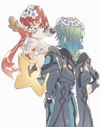 0l0za4 1boy 1girl ^_^ anaxa_(honkai:_star_rail) boots brown_boots closed_eyes coat commentary_request cowboy_shot dress flower green_hair grey_background grey_coat hair_flower hair_ornament hair_over_one_eye head_wreath highres honkai:_star_rail honkai_(series) long_sleeves red_hair simple_background standing trianne_(honkai:_star_rail) white_dress white_flower