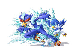 Rule 34 | absurdres, blue eyes, bright pupils, commentary request, evolutionary line, fish.boy, highres, nintendo, open mouth, pokemon, pokemon (creature), quaquaval, quaxly, quaxwell, running, smile, water, water drop, white background, white pupils