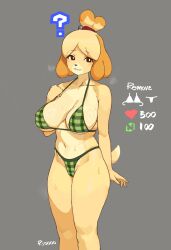 1girl ? animal_crossing animal_ears artist_name bell bikini blush_stickers breasts brown_eyes cleavage collarbone dog_ears dog_tail female_focus furry furry_female green_bikini grey_background grey_hair highres isabelle_(animal_crossing) large_breasts like_and_retweet looking_at_viewer micro_bikini navel nintendo parted_lips plaid_bikini plaid_clothes riooo1 simple_background smile solo standing sweat swimsuit tail topknot two-tone_fur yellow_fur