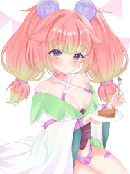 1girl :t absurdres astrachan949 breasts cleavage closed_mouth commentary dress eating english_commentary food fork green_hair highres holding holding_fork long_hair looking_at_viewer medium_breasts multicolored_hair pie pink_hair purple_eyes second-party_source simple_background smile solo stronny_cuttles symbol-shaped_pupils twintails two-tone_hair vallure virtual_youtuber white_background white_dress