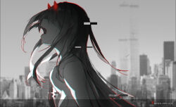 Rule 34 | 1girl, artist name, bare shoulders, breasts, cleavage, covered eyes, darling in the franxx, demon horns, from side, hair between eyes, horns, long hair, open mouth, partially colored, qtian, red horns, skyline, upper body, zero two (darling in the franxx)