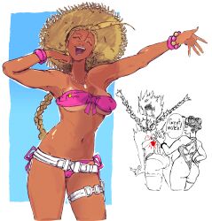 2girls ass bikini blonde_hair bracelet braid breasts cammy_white capcom chun-li cleavage cropped_legs front-tie_bikini_top front-tie_top hat highres jewelry multiple_girls navel official_alternate_costume one-piece_swimsuit pink_bikini plow_(witch_parfait) smile stomach strapless strapless_bikini straw_hat street_fighter street_fighter_6 swimsuit tan tanline twin_braids