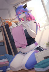 1girl animal_ears blue_eyes breasts claws colored_skin dragon_ears dragon_girl dragon_horns facial_mark folded_clothes folding_clothes furry furry_female gradient_hair gradient_skin highres holding holding_unworn_clothes horns indoors large_breasts lcshian light_particles long_hair low-tied_long_hair multicolored_hair multicolored_skin original pink_hair plump purple_skin seiza sitting solo white_skin wooden_floor