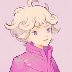 Rule 34 | 1boy, ahoge, bede (pokemon), coat, curly hair, looking at viewer, lowres, male focus, nintendo, pokemon, pokemon swsh, popped collar, purple background, purple coat, purple eyes, ryokuno green, short hair, simple background, solo, upper body