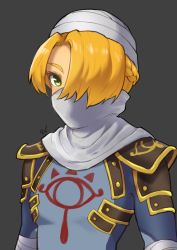 1girl absurdres alternate_costume bad_id bad_twitter_id blonde_hair cosplay green_eyes hair_over_one_eye highres looking_at_viewer nintendo princess_zelda reverse_trap rv_(gvdn7245) sheik short_hair simple_background super_smash_bros. surcoat the_legend_of_zelda the_legend_of_zelda:_breath_of_the_wild the_legend_of_zelda:_ocarina_of_time