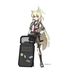 Rule 34 | 1girl, animal ear fluff, ascot, ballistic shield, black choker, black gloves, black socks, blonde hair, blue archive, blue sailor collar, blue skirt, blush, choker, closed mouth, fox girl, fox tail, gloves, green hair, green halo, grey shoes, gun, h&amp;k ump, hair between eyes, halo, hand on own hip, highres, holding, holding gun, holding shield, holding weapon, kneehighs, kurumi (blue archive), long hair, looking at viewer, microphone, otogichan hshs, pink ascot, pleated skirt, sailor collar, shield, shirt, shoes, skirt, sneakers, socks, solo, submachine gun, tail, weapon, white shirt