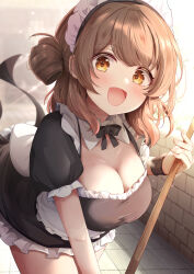 1girl absurdres alternate_costume apron black_bow black_bowtie black_dress blush bow bowtie breasts brown_hair cleavage commentary_request dress enmaided frilled_apron frills gakuen_idolmaster gradient_hair hanami_ume highres idolmaster indoors large_breasts leaning_forward looking_at_viewer maid maid_apron maid_headdress medium_hair multicolored_hair orange_hair partial_commentary puffy_short_sleeves puffy_sleeves short_sleeves sky_cappuccino smile solo waist_apron white_apron wristband