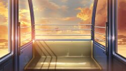 cloud cloudy_sky ferris_wheel_interior glowing gradient_sky highres no_humans non-web_source official_art orange_clouds orange_light our_life:_beginnings_and_always outdoors railing scenery shadow sky sunset window