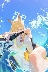 1girl absurdres animal_ear_fluff animal_ears blue_archive blue_halo competition_swimsuit dog_ears dog_girl extra_ears hair_over_one_eye halo highres jet_ski kanna_(blue_archive) kanna_(swimsuit)_(blue_archive) notched_ear ocean one-piece_swimsuit summer swimsuit u.rang watercraft white_one-piece_swimsuit