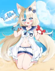 1girl :d animal_ear_fluff animal_ears beach bikini bikini_under_clothes blonde_hair blue_bikini blue_bow blue_eyes blue_hair blue_nails blue_sky bow breasts brown_sandals cat_ears cloud dress fins fish_girl fish_tail hair_bow heonemo_0412 highres indie_virtual_youtuber kaniki_(sameko_saba) lifebuoy_hair_ornament long_hair low_twintails multicolored_hair nail_polish open_clothes open_dress open_mouth sameko_saba sameko_saba_(fish) sand sandals short_shorts shorts sky sleeveless sleeveless_dress small_breasts smile solo streaked_hair striped_bikini striped_clothes swimsuit tail toenail_polish toenails twintails very_long_hair virtual_youtuber water white_dress white_shorts