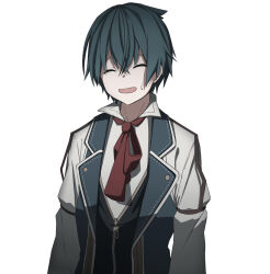1boy aqua_hair blue_vest closed_eyes ex_(grimms_notes) grimms_notes highres iumi_urura male_focus neckerchief red_neckerchief shirt short_hair smile solo sweatdrop upper_body vest white_shirt zipper_pull_tab