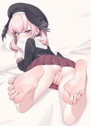 1girl absurdres anus ass bad_tag barefoot beret black_hat blue_archive blush feathered_wings feet feet_up foot_focus frilled_skirt frills hair_between_eyes hat head_wings highres junshijijiu koharu_(blue_archive) loli long_hair long_sleeves looking_at_viewer looking_back low_wings lying no_panties on_bed on_stomach pink_hair pussy red_skirt sailor_collar sailor_shirt shirt skirt soles solo spread_toes sweatdrop the_pose toes twintails uncensored wings