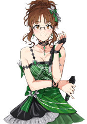 1girl akizuki_ritsuko antenna_hair bare_shoulders black_choker blush breasts brown_eyes brown_hair choker cleavage closed_mouth collarbone commentary_request cowboy_shot dress glasses green_dress hair_ornament highres holding holding_microphone idolmaster idolmaster_(classic) idolmaster_million_live! idolmaster_million_live!_theater_days jewelry looking_at_viewer medium_breasts microphone nail_polish necklace pink_nails ponytail revision short_hair simple_background smile solo tsurui white_background