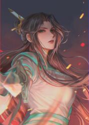 1girl aqua_trim aubergrin black_hair breasts chinese_clothes commentary curtained_hair embers english_commentary fire_light floating_hair from_side genderswap genderswap_(mtf) green_eyes hair_bun hair_over_shoulder hanfu highres holding holding_sword holding_weapon large_breasts long_hair looking_at_viewer parted_bangs parted_lips pointing_melee_weapon pointing_sword renzha_fanpai_zijiu_xitong shen_qingqiu sidelocks single_hair_bun solo sword teeth upper_body very_long_hair weapon white_hanfu xiao_guan_(headdress)