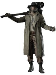1boy 3d beard black_gloves boots capcom cigarette coat facial_hair full_body gloves grin hammer hat highres holding holding_weapon karl_heisenberg looking_at_viewer male_focus official_art oversized_object resident_evil resident_evil_village simple_background smile solo sunglasses weapon white_background
