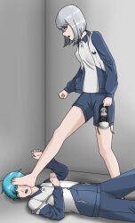 1boy 1girl artist_request barefoot blood feet femdom legs sadism tagme tears