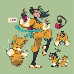1girl black_hair cosplay creatures_(company) dark_skin electricity freckles full_body game_freak green_background green_hair green_sash high_ponytail logi_bunbukucha long_hair multicolored_hair multiple_views nemona_(pokemon) nintendo orange_fur pawmot pawmot_(cosplay) pokemon pokemon_sv ponytail sash simple_background smile standing standing_on_one_leg streaked_hair teeth translation_request