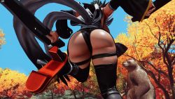 1girl 3d ass ass_focus black_leotard blue_sky breasts butterfly_swords curvy forest highleg highleg_leotard highres huge_ass iroha_(samurai_spirits) jumping large_breasts leotard maid maid_headdress nature ryona samurai_spirits screencap shiny_skin sideboob skindentation sky solo thighhighs third-party_edit thong_leotard tree wide_hips