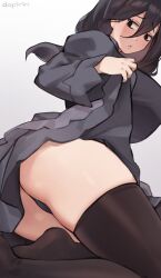 Rule 34 | 1girl, artist name, black dress, black hair, black panties, black thighhighs, breasts, clothes lift, dopirin, dress, dress lift, hex maniac (pokemon), hex maniac (pokemon legends: z-a), highres, large breasts, long sleeves, looking to the side, nintendo, panties, pokemon, pokemon legends: z-a, puffy long sleeves, puffy sleeves, solo, thighhighs, thighs, underwear, white background