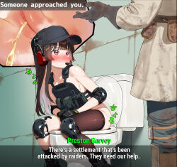1boy 1girl black_hat black_thighhighs blue_pants blush bottomless brown_hair brown_shirt bulletproof_vest censored commentary_request dirty dirty_clothes dongchuan elbow_pads embarrassed english_text fallout fallout_4 gloves grey_gloves hat headset highres knee_pads long_hair looking_at_another mosaic_censoring nervous_smile original pants peeing pouch preston_garvey pussy red_eyes shirt single_thighhigh smile sweat thighhighs toilet toilet_use trembling