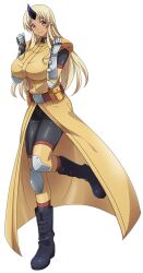 1girl artist_request belt belt_pouch black_boots blonde_hair boots breasts coat dark-skinned_female dark_skin elbow_pads full_body game_cg gauntlets horns huge_breasts knee_pads long_hair looking_at_viewer monster_musume_no_iru_nichijou monster_musume_no_iru_nichijou_online official_art pointy_ears pouch red_eyes shoulder_pads single_horn smile solo standing standing_on_one_leg tachi-e tionishia transparent_background yellow_coat