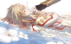 2boys absurdres afloat arm_tattoo armlet black_gloves blonde_hair braid chest_tattoo facial_tattoo fingerless_gloves flower_on_liquid gloves gold_necklace gradient_hair hair_between_eyes hand_on_another&#039;s_stomach highres honkai:_star_rail honkai_(series) jewelry male_focus medium_hair multicolored_hair multiple_boys mydei_(honkai:_star_rail) necklace phainon_(honkai:_star_rail) red_hair red_tattoo side_braid solo_focus tattoo toned toned_male toriumu wet wet_hair yellow_eyes