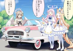3girls ^_^ absurdly_long_hair animal_ear_fluff animal_ears black_shoes blonde_hair blue_archive blue_bow blue_bowtie blush bow bowtie breasts brown_hair car closed_eyes commentary_request day dress feathered_wings flower footwear_bow fox_ears full_body gesupi_(provlemsolver57) hair_between_eyes hair_bow hair_bun hair_flower hair_ornament halo high_heels highres long_hair long_sleeves looking_at_another low_wings medium_breasts mika_(blue_archive) motor_vehicle multiple_girls nagisa_(blue_archive) open_mouth orange_eyes outdoors pantyhose pink_hair pink_halo seia_(blue_archive) shoes sleeves_past_fingers sleeves_past_wrists small_sweatdrop speech_bubble standing striped_clothes striped_pantyhose translation_request vehicle_request vertical-striped_clothes vertical-striped_pantyhose very_long_hair white_dress white_flower white_pantyhose white_shoes white_wings wings yellow_eyes yellow_halo