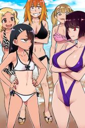 Rule 34 | 5girls, 774 (nanashi), arms under breasts, beach, bikini, black bikini, black hair, blonde hair, blue bikini, breast envy, breasts, brown eyes, cleavage, dark-skinned female, dark skin, female focus, flip-flops, gamou maki, groin, hair between eyes, hair ornament, hairclip, hand on own hip, highres, ijiranaide nagatoro-san, large breasts, long hair, matching hair/eyes, medium breasts, midriff, multicolored bikini, multiple girls, nagatoro hayase, navel, ocean, official art, one-piece swimsuit, open mouth, orange eyes, orange hair, pink bikini, red eyes, sakura (nagatoro), sandals, side-tie bikini bottom, sideboob, sky, slingshot swimsuit, small breasts, smile, stomach, sunomiya sana, swimsuit, tan, tanline, thighs, tongue, white bikini, yoshi (nagatoro)