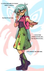 Rule 34 | 1girl, backpack, bag, black boots, blush, boots, bow, bowtie, bracelet, card, commentary, english commentary, english text, exodia the forbidden one, full body, genderswap, genderswap (mtf), glasses, green hair, green skirt, highres, holding, holding card, insect print, insector haga, jewelry, long hair, pink bow, pink bowtie, purple eyes, skirt, standing, welldrawnfish, yellow-framed eyewear, yu-gi-oh!