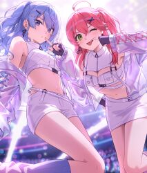 2girls absurdres ahoge akabino alternate_costume bare_shoulders belt black_gloves blue_eyes blue_hair breasts cleavage commentary_request crop_top cross-laced_clothes cross-laced_sleeves finger_to_cheek fingerless_gloves gloves green_eyes hair_between_eyes hair_ornament hairclip highres hololive hoshimachi_suisei index_finger_raised iridescent jacket large_breasts long_sleeves looking_at_viewer medium_breasts midriff multiple_girls navel one_eye_closed one_side_up pink_hair purple_jacket sakura_miko shorts skirt sleeveless stomach thighs tongue tongue_out virtual_youtuber white_belt white_shorts white_skirt x_hair_ornament