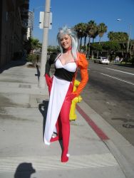 1girl absurdres blue_hair bodysuit breasts choker cleavage contrapposto cosplay cosplay_photo earrings female_focus fire_hydrant hands_on_own_hips highres jewelry multicolored_hair photo_(medium) ryouko_(tenchi_muyou!) ryouko_(tenchi_muyou!)_(cosplay) smile solo standing tenchi_muyou!