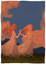 2girls absurdres bang_dream! bang_dream!_it&#039;s_mygo!!!!! black_choker blue_sky brown_hair chihaya_anon choker closed_eyes clothing_cutout cloud commentary crop_top dress floating_hair grass highres holding_another&#039;s_wrist kuzi long_hair long_sleeves looking_at_another midriff mountainous_horizon multiple_girls nagasaki_soyo open_mouth outdoors pink_hair shirt shoulder_cutout skirt sky smile white_dress white_shirt white_skirt