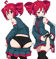 1girl absurdres adjusting_clothes ahoge ass black_panties blush commentary cowboy_shot detached_sleeves drill_hair grey_shirt grey_skirt headphones headset highres kasane_teto kasane_teto_(utau) light_frown long_sleeves looking_at_viewer looking_down multiple_views panties pout red_eyes red_hair red_trim shirt simple_background skirt sleeveless sleeveless_shirt tenten_(chan4545) twin_drills underwear undressing utau v-shaped_eyebrows white_background