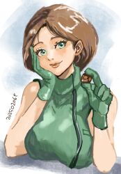 1girl brown_hair chocolate emma_sheen food gloves green_eyes green_gloves green_vest gundam highres holding holding_food looking_at_viewer okrdisk2000 sleeveless solo vest white_background zeta_gundam