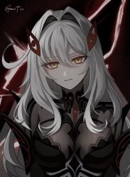 Rule 34 | 1girl, artist name, black dress, bodystocking, breasts, closed mouth, cowlick, dark background, dress, eye hair ornament, eye symbol, frown, genshin impact, greentea7954, hair between eyes, hair intakes, hair ornament, highres, long hair, looking at viewer, ronova (genshin impact), side ahoge, solo, symbol-shaped pupils, upper body, white hair, yellow eyes