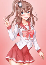 Rule 34 | 1girl, anti (untea9), breasts, brown hair, cosplay, grey eyes, high side ponytail, highres, itou shizuka, kantai collection, kousaka tamaki, kousaka tamaki (cosplay), large breasts, long hair, looking at viewer, pleated skirt, ponytail, red sailor collar, red skirt, sailor collar, saratoga (kancolle), school uniform, serafuku, side ponytail, sidelocks, skirt, smokestack hair ornament, solo, to heart (series), to heart 2, voice actor connection