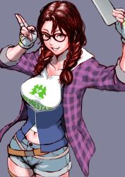 1girl absurdres belt braid breasts brown_hair cellphone commentary_request denim denim_shorts fingerless_gloves gloves grey_background grey_eyes grey_gloves hair_over_shoulder highres holding holding_phone hood hood_down hoodie julia_chang large_breasts multiple_belts namco navel open_clothes open_shirt overshirt phone plaid_clothes plaid_shirt rico_(maikubakaa) salute selfie shirt shorts smartphone solo tekken tekken_7 twin_braids two-finger_salute white_hoodie