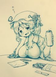 1girl aki_minoriko arinu blush breast_rest breasts buttons can cleavage commentary_request earrings female_focus fingernails food fruit grapes hand_on_own_cheek hand_on_own_face hands_up hat head_rest highres holding holding_can jewelry large_breasts looking_at_viewer scan smile solo stud_earrings touhou traditional_media wide_sleeves