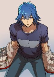 1boy absurdres blue_hair blue_shirt bruno_(yu-gi-oh!) denim from_above gradient_background grey_eyes highres jeans male_focus off_shoulder open_mouth pants parted_lips pliers pocket raised_eyebrows shirt short_hair simple_background sitting solo surprised t-shirt tools utility_vest vest wrench youko-shima yu-gi-oh! yu-gi-oh!_5d&#039;s