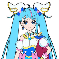 Rule 34 | 1girl, absurdres, blue cape, blue dress, blue eyes, blue hair, bow, brooch, cape, closed mouth, commentary, cure sky, cut bangs, detached sleeves, dress, dress bow, earrings, gloves, hair ornament, hand on own hip, highres, hirogaru sky! precure, jewelry, long hair, looking at viewer, magical girl, masami 01st, multicolored hair, pink bow, pink hair, precure, puffy detached sleeves, puffy sleeves, red cape, simple background, single sidelock, sleeveless, sleeveless dress, smile, solo, sora harewataru, streaked hair, twintails, two-sided cape, two-sided fabric, two-tone dress, two-tone hair, upper body, very long hair, white background, white dress, white gloves, wing brooch, wing hair ornament