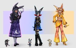 Rule 34 | 3girls, absurdres, alternate costume, animal ears, arm behind back, assassin rabbit, black footwear, black hair, black hat, black shirt, black skirt, black vest, blonde hair, blue eyes, blue skirt, boots, bow, bowtie, breasts, closed mouth, commentary, crescent print, crop top, cross-laced vest, dagger, dancer rabbit, dark-skinned female, dark skin, english commentary, fishnet pantyhose, fishnets, flipped hair, floral print, frilled skirt, frills, full body, goth fashion, grey bow, grey bowtie, grey hair, hair bow, hair ornament, hair over one eye, hat, hat bow, high heels, highres, holding, holding dagger, holding knife, holding staff, holding weapon, jewelry, knife, kunai, long bangs, long hair, long skirt, long sleeves, looking at another, looking to the side, lygofer, medium breasts, midriff, multicolored hair, multiple girls, navel, necklace, open mouth, orange bow, orange pants, orange shirt, pants, pantyhose, pearl necklace, print pants, print skirt, purple bow, purple eyes, purple skirt, rabbit and steel, rabbit ears, rabbit girl, red hair, reference inset, sandals, sarong, see-through clothes, see-through shirt, shirt, short hair, skirt, small breasts, smile, socks, staff, standing, tan, torn clothes, torn pantyhose, two-tone hair, two side up, vest, weapon, white socks, wizard rabbit, x hair ornament, yellow sandals, yellow sarong