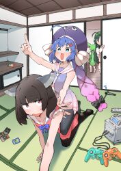 absurdres ahoge all_fours black_pantyhose blue_dress blue_eyes blue_hair blunt_bangs blush brown_hair commentary_request dress eel_hat fusuma gamecube_controller gen_2_pokemon gradient_clothes gradient_dress gradient_hair green_hair hat headgear highres horseback_riding indoors long_hair looking_back low_ponytail multicolored_hair nintendo on_floor open_door open_mouth otomachi_una otomachi_una_(talkex) pantyhose peeking_out pink_dress pink_eyes pink_hair pointing pointing_forward pokemon pony_play ponytail riding sailor_collar sailor_dress sitting sitting_on_person sleeveless sleeveless_dress sliding_doors smile sweat talkex tatami touhoku_kiritan touhoku_zunko trading_card twintails v-shaped_eyebrows very_long_hair voiceroid voicevox white_sailor_collar wooper yakiniku-joan. yu-gi-oh! zundamon