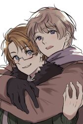 2boys ahoge america_(hetalia) axis_powers_hetalia black-framed_eyewear black_gloves blue_eyes blush commentary_request fingernails fur-trimmed_jacket fur_trim glasses gloves green_jacket grey_hair hair_between_eyes highres hug hug_from_behind jacket lab_coat long_sleeves looking_at_viewer male_focus multiple_boys open_clothes open_jacket open_mouth puffy_long_sleeves puffy_sleeves purple_eyes russia_(hetalia) sama_8_sm scarf semi-rimless_eyewear simple_background smile teeth upper_body white_background white_scarf yaoi