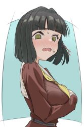 1girl @_@ aqua_background black_hair blunt_bangs blunt_ends blush bob_cut border breasts brown_dress commentary_request dress hasu_no_sora_school_uniform highres large_breasts link!_like!_love_live! long_sleeves looking_at_viewer love_live! momose_ginko neckerchief nervous_sweating nose_blush open_mouth outside_border pleated_dress revision sailor_collar sailor_dress school_uniform simple_background solo sweat upper_body v-shaped_eyebrows virtual_youtuber wavy_mouth white_border white_sailor_collar winter_uniform wotan_(wotandesu) yellow_neckerchief