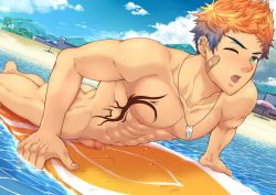 Rule 34 | &gt; o, 1boy, ass, bandaid, bandaid on cheek, bandaid on face, bara, beach, black hair, blush, chest tattoo, cloud, completely nude, day, ear piercing, erection, green eyes, jewelry, large pectorals, lifeguard, looking at viewer, lying, male focus, multicolored hair, muscular, muscular male, navel, necklace, nipples, nude, one eye closed, open mouth, orange hair, original, outdoors, pectorals, penis, piercing, short hair, sky, solo, summer, surfboard, tattoo, teeth, two-tone hair, zamius